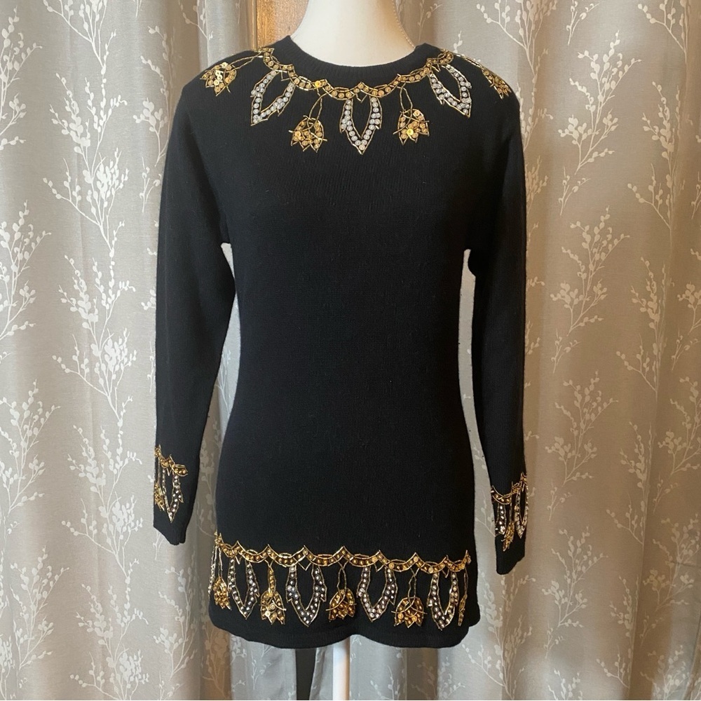 Vintage 80s Lambswool Angora Embellished Black Sweater Tunic Baroque Holiday • M